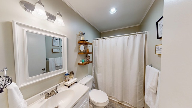 1216 Oriole Dr, Thomasville, GA 31792 - bathroom with ornamental molding, vanity, wood finished floors, and a shower with curtain