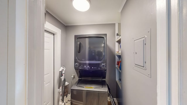 1216 Oriole Dr, Thomasville, GA 31792 - washroom with stacked washer / drying machine, electric panel, and crown molding