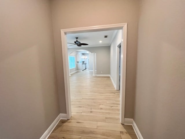 hallway featuring baseboards and light wood-style floors