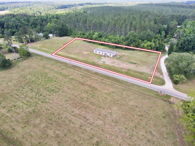 bird's eye view with a wooded view