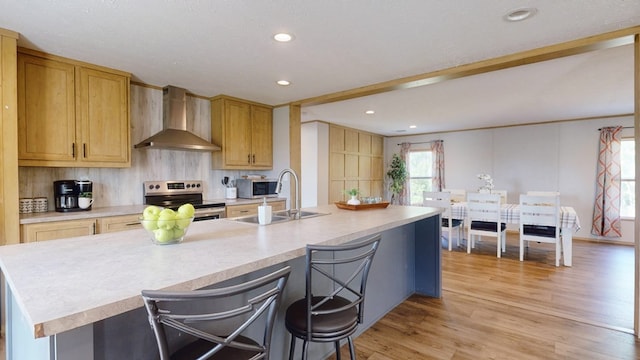 kitchen featuring wall chimney range hood, appliances with stainless steel finishes, a sink, light wood-style floors, and light countertops