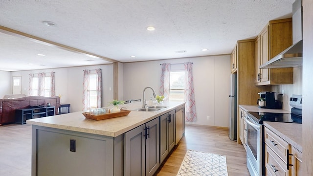 kitchen featuring wall chimney range hood, appliances with stainless steel finishes, a sink, light wood finished floors, and a kitchen island with sink