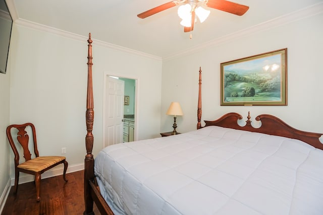 bedroom with connected bathroom, ceiling fan, crown molding, and dark hardwood / wood-style flooring