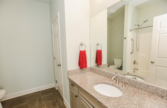 full bathroom featuring shower / bath combination, vanity, and toilet