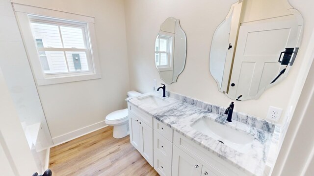 bathroom with vanity, hardwood / wood-style floors, and toilet