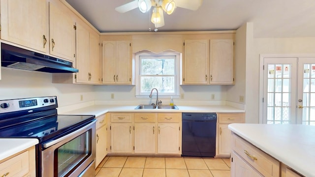 kitchen with under cabinet range hood, stainless steel electric stove, black dishwasher, light tile patterned floors, and a sink