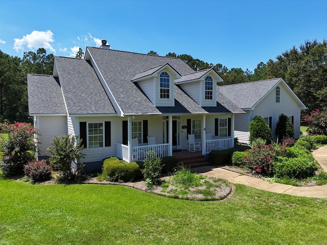 cape cod home with covered porch and a front lawn