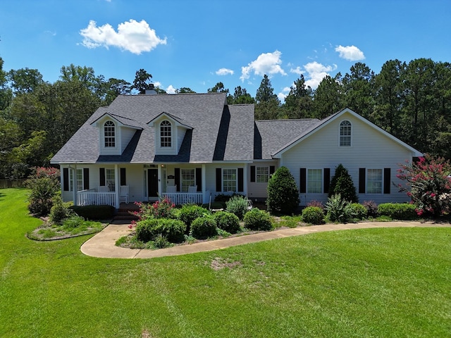 cape cod-style house with a front lawn and a porch