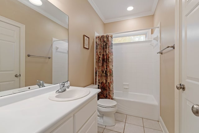 full bathroom featuring crown molding, shower / bath combo, tile patterned flooring, vanity, and toilet