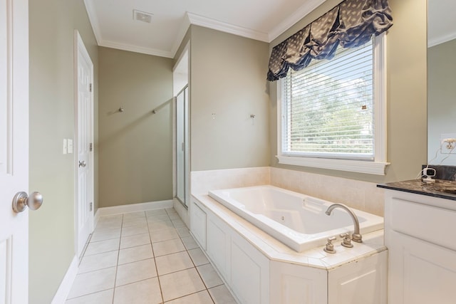 bathroom featuring vanity, crown molding, tile patterned floors, and shower with separate bathtub