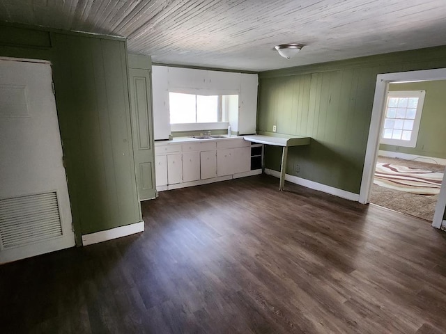 kitchen with visible vents, dark wood finished floors, light countertops, wooden ceiling, and a sink