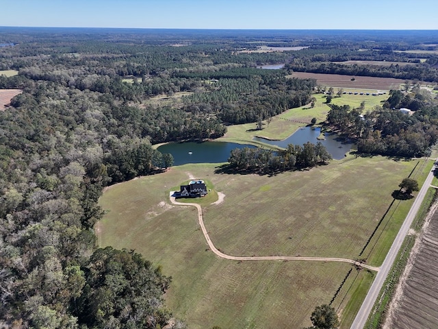 birds eye view of property featuring a water view and a rural view