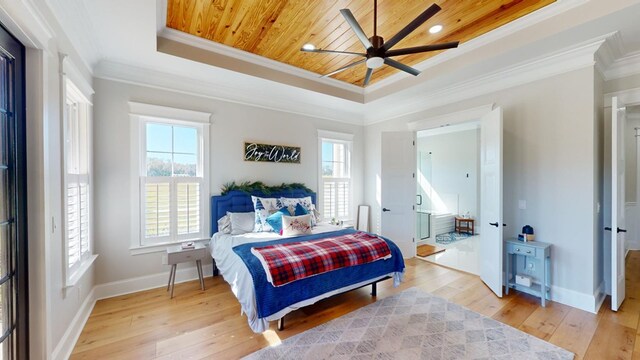 bedroom featuring crown molding, a raised ceiling, light wood-type flooring, and wooden ceiling