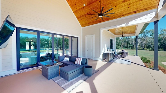 view of patio featuring an outdoor hangout area and ceiling fan