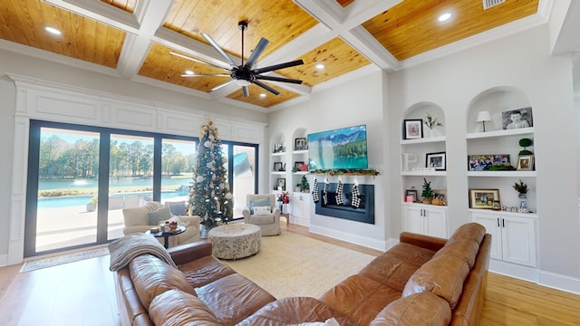 living room featuring wood ceiling, coffered ceiling, built in features, and light wood-type flooring