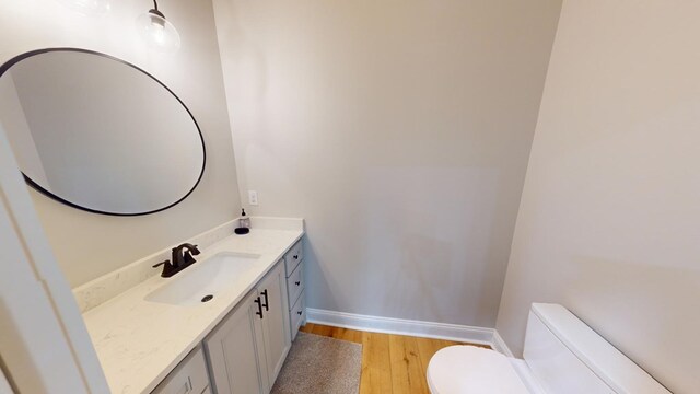 bathroom featuring vanity, wood-type flooring, and toilet