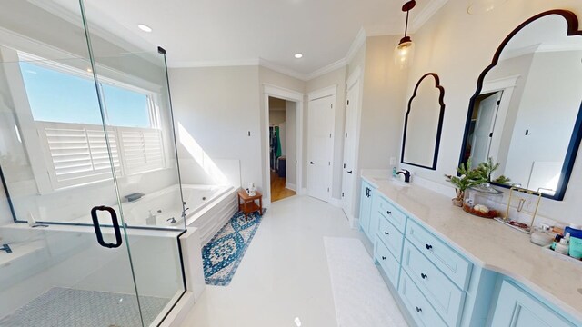 bathroom with crown molding, vanity, and independent shower and bath