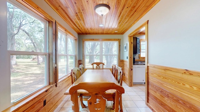 sunroom with wooden ceiling, tile patterned floors, and a wainscoted wall