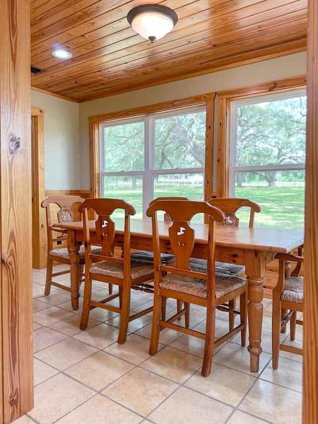 dining area with wooden ceiling, light tile patterned floors, and recessed lighting