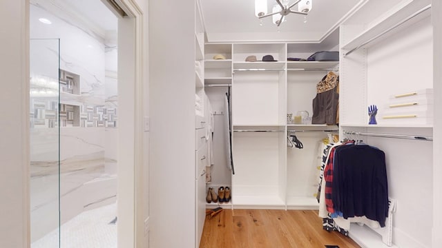 spacious closet featuring wood finished floors and a chandelier
