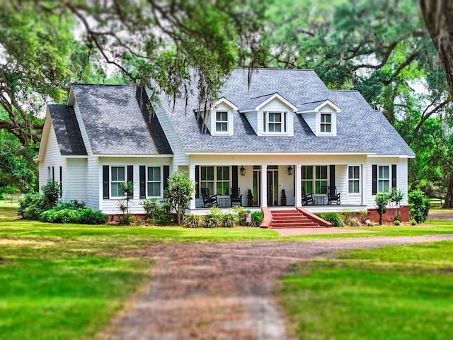 new england style home featuring a porch, a front lawn, and a shingled roof