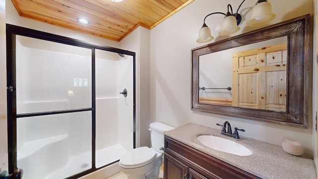 bathroom featuring a stall shower, recessed lighting, vanity, wood ceiling, and toilet