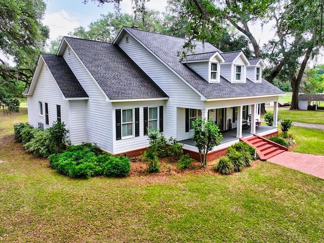 new england style home featuring covered porch, a front yard, and a shingled roof