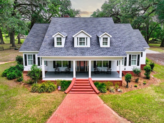 cape cod house featuring a front lawn, a shingled roof, covered porch, and a chimney