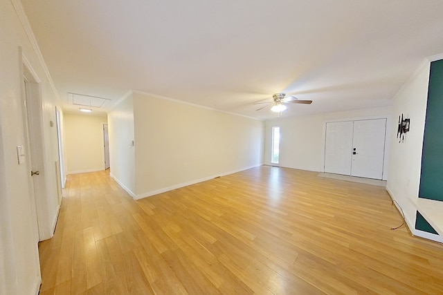 unfurnished room with ceiling fan, ornamental molding, and light wood-type flooring