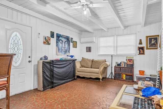 interior space with beam ceiling, a wall unit AC, wooden ceiling, and ceiling fan