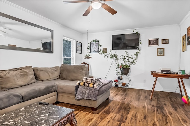 living room featuring wood-type flooring, ornamental molding, and ceiling fan