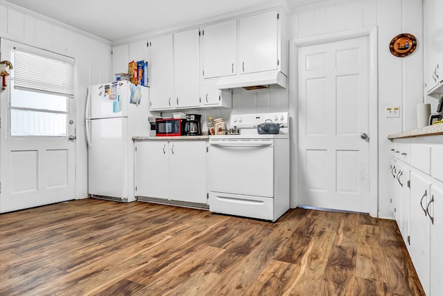 kitchen featuring white cabinetry, white appliances, and dark hardwood / wood-style floors