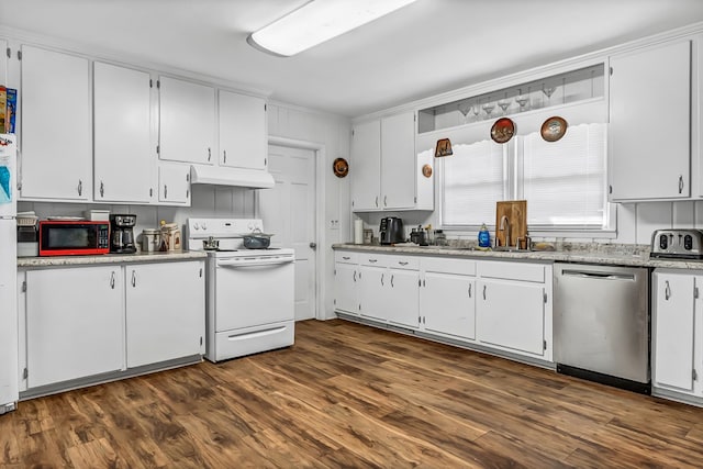 kitchen with white cabinetry, white electric range, dishwasher, and sink