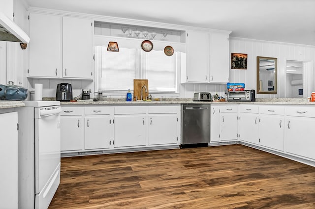 kitchen featuring white cabinets, dishwasher, and white range with electric stovetop