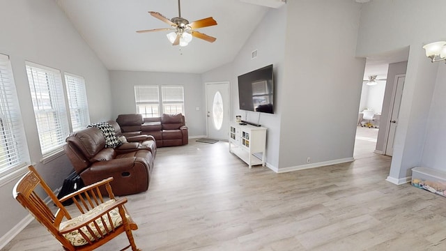 living room with high vaulted ceiling, light hardwood / wood-style floors, and ceiling fan