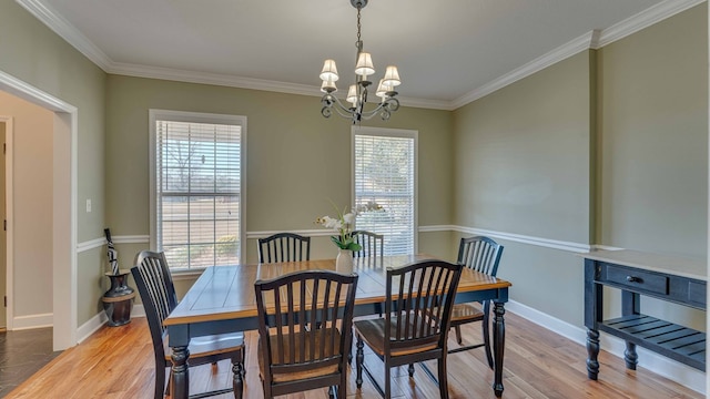 dining room featuring crown molding, a healthy amount of sunlight, a chandelier, and light hardwood / wood-style flooring