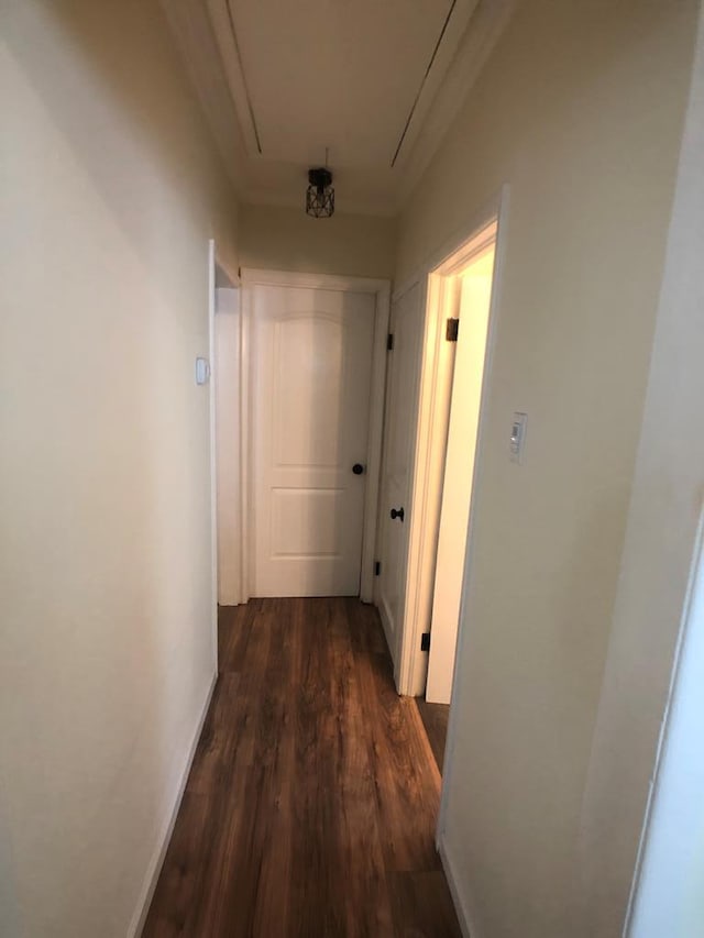 corridor featuring attic access, baseboards, and wood finished floors