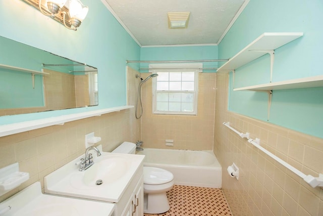 full bath featuring bathtub / shower combination, tile walls, toilet, vanity, and ornamental molding