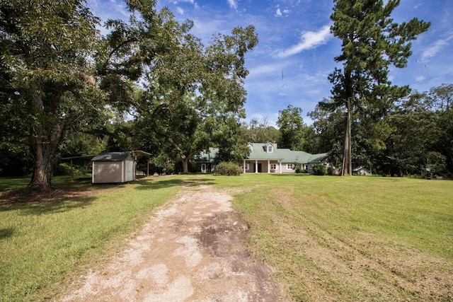 view of yard with dirt driveway, a storage unit, an outdoor structure, and a detached carport