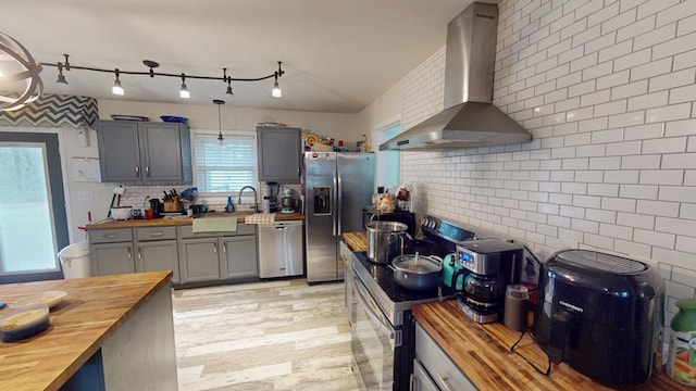 kitchen featuring wall chimney exhaust hood, butcher block countertops, appliances with stainless steel finishes, and gray cabinetry