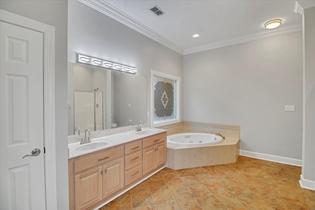 full bath with a sink, crown molding, a tub with jets, and double vanity