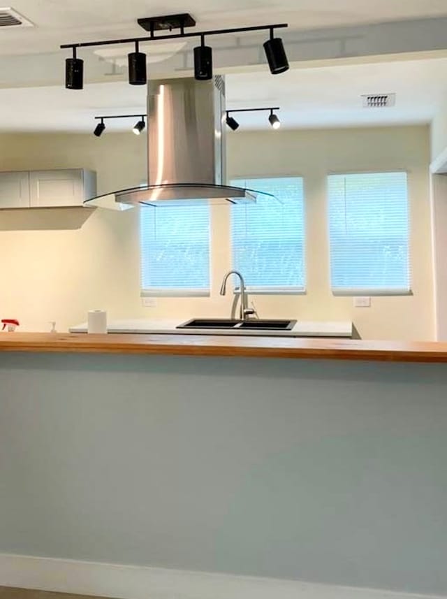 460 SW 2nd St, Cairo, GA 39828 - kitchen with white cabinets, visible vents, exhaust hood, and a sink
