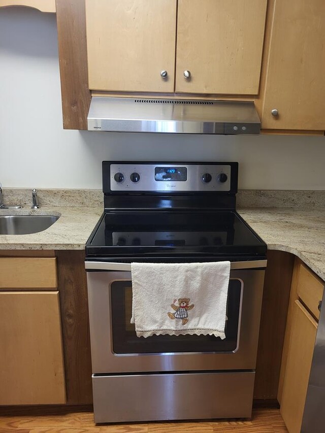 208 Pine St, Quitman, GA 31643 - kitchen with stainless steel electric stove, extractor fan, a sink, and light wood-type flooring
