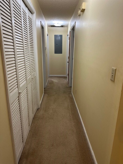 hallway featuring light colored carpet, a textured ceiling, and electric panel