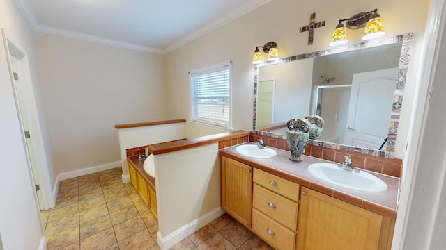 bathroom with tasteful backsplash, ornamental molding, vanity, and a tub to relax in