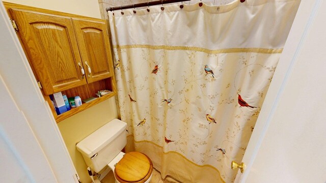 full bath featuring toilet and a shower with shower curtain