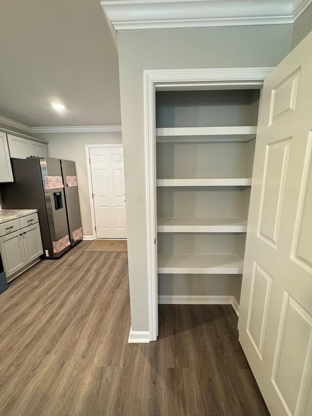 walk in closet featuring dark wood finished floors