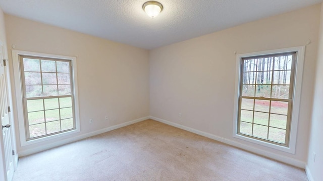 empty room featuring light carpet, plenty of natural light, a textured ceiling, and baseboards