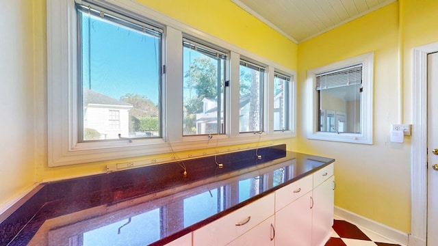 interior space with ornamental molding and white cabinets