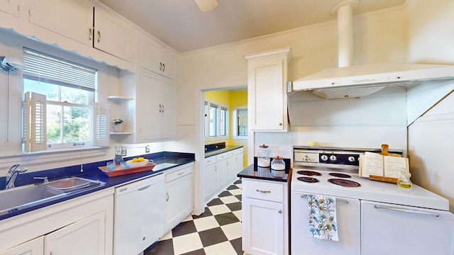 kitchen with white cabinetry, sink, ornamental molding, exhaust hood, and white appliances